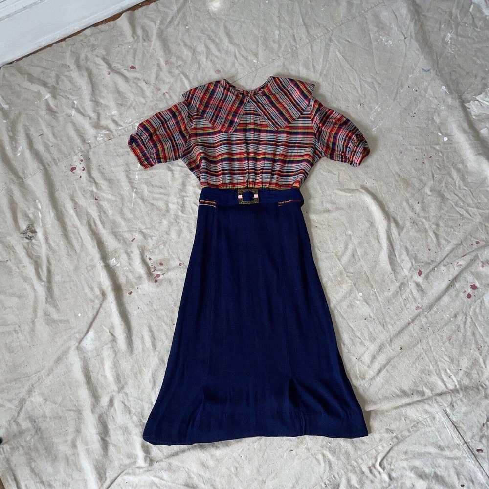 Vintage 1930s Rayon Crepe And Plaid Taffeta Puff Sleeve Midi Dress Deco Antique